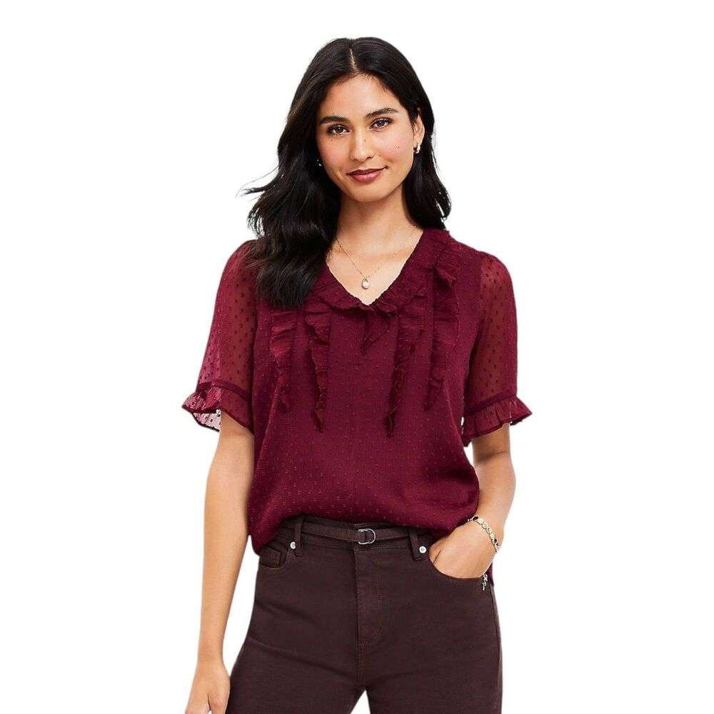 Ann Taylor Dark Red Polka Dot Ruffle Puff Sleeve V Neck Top Blouse Size Small